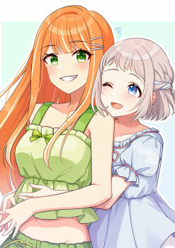 2girls ;d bare_shoulders blue_background blue_dress blue_eyes blunt_bangs blush braid breasts collarbone commentary_request drawstring dress gakuen_idolmaster green_background green_eyes green_pajamas green_shirt green_shorts grey_hair grin hair_ornament hairclip half_up_braid hug hug_from_behind idolmaster katsuragi_lilja long_hair looking_at_another looking_at_viewer medium_breasts midriff_peek multiple_girls navel one_eye_closed open_mouth orange_hair pajamas parallel_hairclips puffy_short_sleeves puffy_sleeves sakura_ran shirt shiun_sumika short_hair short_sleeves shorts single_hair_intake sleepwear smile two-tone_background upper_body yuri