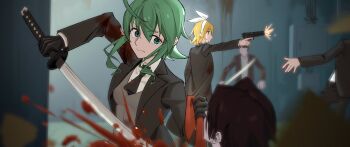 3boys ahoge aiming ascot attack black_ascot black_gloves black_jacket blonde_hair blood blood_on_clothes blood_splatter blue_eyes bow browning_hi-power clothes_grab commentary_request firing gloves gradient_hair green_eyes grey_jacket grey_vest gumi gun hair_between_eyes hair_bow hairband hand_up handgun highres holding holding_gun holding_sword holding_weapon jacket kagamine_rin long_sleeves medium_hair multicolored_hair multiple_boys necktie necktie_grab neckwear_grab open_clothes open_jacket red_necktie shirt short_hair sidelocks sword vest vocaloid weapon white_bow white_hairband white_shirt wounds404