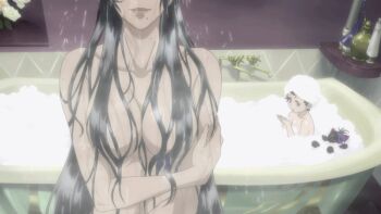 2girls age_difference animated animated_gif bath bathtub bayonetta bayonetta:_bloody_fate bayonetta_(series) black_hair breasts bubble cereza convenient_censoring dual_persona female_focus grey_eyes head_out_of_frame long_hair mole multiple_girls nude short_hair shower subtitled towel water wet