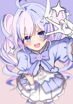 1girl absurdres ahoge blue_archive blush bow bowtie commentary_request cropped_jacket drill_hair feet_out_of_frame gloves hair_ornament highres hosinonana jacket long_hair looking_at_viewer magical_girl multicolored_hair official_alternate_costume partial_commentary pink_hair pleated_skirt puffy_short_sleeves puffy_sleeves purple_bow purple_bowtie purple_eyes purple_hair purple_jacket purple_overskirt reisa_(blue_archive) reisa_(magical)_(blue_archive) shirt short_sleeves skirt smile solo sparkle star_(symbol) star_hair_ornament teeth twin_drills twintails two-tone_hair upper_teeth_only v very_long_hair white_gloves white_shirt white_skirt