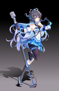 1girl absurdres alternate_hairstyle alus_(aluslikefafa) asymmetrical_legwear bare_shoulders blue_hair blue_skirt boots braid breasts colored_inner_hair covered_navel detached_sleeves full_body gloves gradient_background gradient_hair green_eyes hair_rings headphones highres holding holding_microphone jacket leg_up long_hair looking_at_viewer luo_tianyi microphone microphone_stand miniskirt multicolored_hair open_mouth pleated_skirt purple_hair see-through_clothes shadow skirt solo standing standing_on_one_leg streaked_hair tachi-e thigh_strap very_long_hair vocaloid vsinger_(vocaloid)