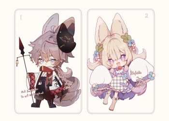 1boy 1girl :o absurdres adoptable ahoge animal_ears apron baggy_pants black_boots black_mask black_pants blonde_hair blue_eyes boots brooch brown_boots brown_hair buttons capelet chibi commentary diamond_in_eye dress english_commentary floral_print flower flower_brooch fox_boy fox_ears fox_mask gradient_hair hair_between_eyes hair_bobbles hair_intakes hair_ornament happy high-waist_pants highres holding holding_polearm holding_weapon japanese_clothes kimono kumoyaki long_hair long_sleeves loose_hair_strand mask mask_on_head multicolored_hair original pants parted_lips pinafore_dress plaid_apron plaid_clothes pleated_skirt polearm puffy_long_sleeves puffy_sleeves purple_dress purple_hair rabbit_ears rabbit_girl red_flower red_rose red_scarf rose scarf shirt short_kimono skirt sleeveless sleeveless_dress sleeves_past_fingers sleeves_past_wrists spear star_(symbol) star_in_eye symbol_in_eye two_side_up v-neck very_long_hair waist_apron watermark weapon white_apron white_background white_capelet white_kimono white_shirt wide_sleeves