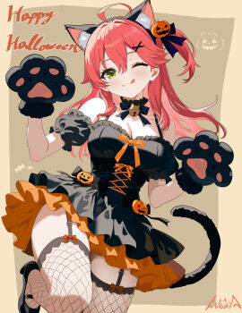 1girl ;3 ahoge alternate_costume animal_ear_fluff animal_ear_hairband animal_ears animal_hands bell black_choker black_dress black_gloves black_ribbon black_shoes breasts brown_background choker cleavage commentary_request detached_sleeves double-parted_bangs dress fake_animal_ears feet_out_of_frame fishnet_thighhighs fishnets frilled_choker frilled_dress frills garter_straps gloves green_eyes hair_between_eyes hair_ornament hair_ribbon hairband happy_halloween high_heels highres hololive jack-o&#039;-lantern jack-o&#039;-lantern_hair_ornament jingle_bell licking_lips looking_at_viewer medium_breasts one_eye_closed one_side_up orange_ribbon pane_(paneda_pm) paw_gloves paw_pose pink_hair ribbon sakura_miko shoes short_dress short_sleeves sleeveless sleeveless_dress solo standing standing_on_one_leg thighhighs tongue tongue_out virtual_youtuber x_hair_ornament