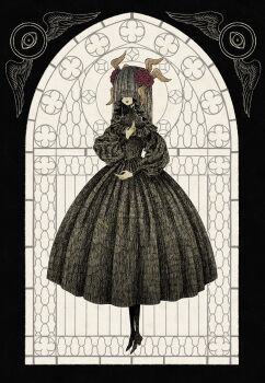 Rule 34 | 1girl, black dress, black footwear, black lips, black veil, closed mouth, commentary, covered face, dress, eleanor (ohmyeleanor), english commentary, feathered wings, flower, full body, hand on own chest, head wings, highres, juliet sleeves, long dress, long hair, long sleeves, original, partially colored, puffy sleeves, red flower, solo, veil, victorian, window, wings, yellow wings