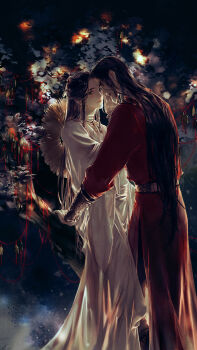 2boys against_tree bandaged_neck bandages black_hair bracelet chinese_clothes chinese_commentary closed_mouth commentary_request couple dark eye_contact face-to-face from_side hair_bun hair_ribbon half_updo hanfu hat hat_on_back highres holding_hands hua_cheng imminent_kiss jewelry leaf long_hair long_sleeves looking_at_another male_focus multiple_boys night parted_lips red_hanfu ribbon rice_hat robe silver_bracelet single_hair_bun standing starember string string_of_fate tianguan_cifu tree unworn_hat unworn_headwear very_long_hair white_hanfu white_ribbon wide_sleeves xie_lian yaoi