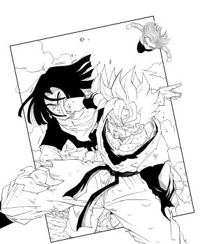 1girl 2boys absurdres amputee android_17 android_18 battle black_hair blocking clenched_hand clenched_teeth commentary dougi dragon_ball dragonball_z english_commentary facial_scar highres letterboxed long_sleeves looking_at_another multiple_boys muscular muscular_male punching scar scar_on_cheek scar_on_face scar_on_forehead signature simple_background smile son_gohan son_gohan_(future) sound_effects spiked_hair super_saiyan super_saiyan_1 teeth theonenimbus toriyama_akira_(style) wristband