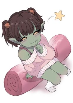 1girl :3 absurdres bedroll black_sclera blush brown_hair colored_sclera colored_skin fang female_focus female_goblin from_above full_body goblin green_skin hair_ornament hand_up highres index_finger_raised kimsoing long_sleeves looking_at_viewer mesugaki original pink_shirt pointy_ears shirt short_hair sitting sitting_on_object smile socks solo star_(symbol) strap white_socks yellow_eyes