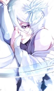 Rule 34 | 1girl, absurdres, arm warmers, bankai, bare shoulders, bleach, bleach: sennen kessen-hen, closed mouth, collared dress, colored eyelashes, commentary request, dress, dutch angle, eyelashes, hair between eyes, hair ornament, hakka no togame (bankai), highres, ice, isana!, kanzashi, katana, kuchiki rukia, lips, long sleeves, looking at viewer, lying, making-of available, official alternate costume, official alternate hair color, on side, purple eyes, short hair, signature, simple background, smile, snowing, solo, sword, upper body, weapon, white arm warmers, white background, white dress, white hair, wide sleeves