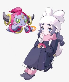 Rule 34 | 1girl, 6l226, ansha (pokemon), backpack, bag, black coat, blue eyes, closed mouth, coat, commentary request, eyelashes, gen 6 pokemon, hand up, hat, highres, hoopa, hoopa (confined), invisible chair, leg warmers, legendary pokemon, legs together, long sleeves, mythical pokemon, nintendo, pink leg warmers, pink scarf, pokemon, pokemon (creature), pokemon legends: z-a, scarf, shoes, sitting, smile, white background, white bag, white hat