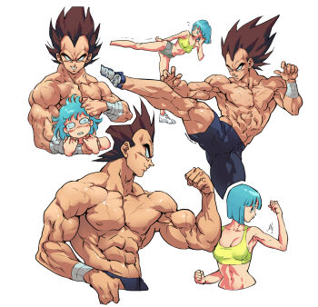 1boy 1girl abs absurdres amachu_a bandages black_hair blue_hair bulma couple dragon_ball dragonball_z highres husband_and_wife large_pectorals muscular muscular_male pectorals short_hair spiked_hair vegeta