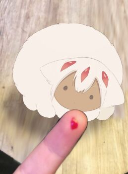 ._. 1girl 1other animal_ears black_eyes blood chibi chibi_only closed_mouth commentary dark-skinned_female dark_skin expressionless faputa hair_between_eyes looking_at_viewer made_in_abyss meme mob_face narehate photo_background pov pov_hands short_hair sitting symbol-only_commentary tatososu white_fur white_hair wooden_floor