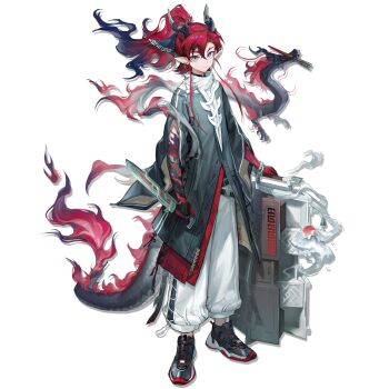 1boy arknights arm_tattoo arms_at_sides baggy_pants beads belt biting black_belt blue_hair blue_tattoo chopsticks closed_mouth colored_tips dragon dragon_boy dragon_horns dragon_tail drop_shadow earrings eastern_dragon eastern_dragon_horns eastern_dragon_tail flame_tattoo forked_eyebrows full_body green_eyes grey_jacket high_collar high_ponytail highres holding holding_knife horns insulated_delivery_bag jacket jewelry kang_yiqian_(self_cultivation) knife long_sleeves looking_at_viewer male_focus multicolored_hair official_art pants parted_bangs pointy_ears ponytail red_hair red_tattoo shoes sidelocks sleeve_zipper smile sneakers solo streaked_hair tachi-e tail tattoo third-party_source white_pants yu_(arknights) zipper