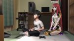 1boy 1girl 3d android animated black_hair black_sclera blunt_bangs breasts colored_sclera controller flim13 game_console game_controller height_difference indoors laughing long_hair mikumikudance_(medium) playing_games playstation_3 red_hair seiza sitting size_difference smile source_request thighs tri_oxygen_ritsu v video video_game yellow_eyes