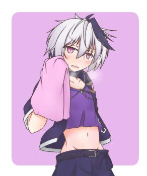 1girl arutau belt flower_(vocaloid) flower_(vocaloid4) midriff navel short_hair sweat sweatdrop tagme