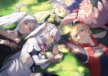 absurdres armor blonde_hair blue_eyes braid breasts crown_braid curly_hair dress gloves green_fur hair_ornament head_wings highres jacket juliet_sleeves kino_(xenoblade) large_breasts long_hair long_sleeves looking_at_viewer medium_breasts melia_antiqua mirin. monado_rex nene_(xenoblade) nopon o-ring pink_fur puffy_sleeves short_dress shulk_(xenoblade) siblings sisters smile tyrea_(xenoblade) wings xenoblade_chronicles:_future_connected xenoblade_chronicles_(series) xenoblade_chronicles_1