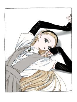 1girl arm_up black_hairband blonde_hair blue_eyes bolo_tie border collared_shirt commentary_request detached_sleeves dress fuyuki_manon_(gomibako_(gomibako_price)) gomibako_(gomibako_price) grey_dress hair_spread_out hairband hand_on_own_cheek hand_on_own_face highres layered_sleeves long_hair long_sleeves looking_at_viewer lying on_back original parted_lips pinafore_dress shadow shirt short_over_long_sleeves short_sleeves simple_background sleeveless sleeveless_dress solo swept_bangs white_background white_border white_shirt