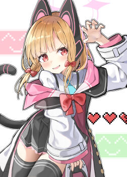 1girl absurdres animal_ear_headphones animal_ears aqua_necktie black_jacket black_skirt black_tail black_thighhighs blonde_hair blue_archive blush bow buttons cat_ear_headphones cat_ears cat_tail claw_pose collared_shirt commentary controller cowboy_shot dress_shirt fake_animal_ears fake_tail frilled_skirt frills game_controller green_background hair_bow halo hand_up headphones heart highres holding holding_controller holding_game_controller hood hood_down hooded_jacket jacket long_sleeves looking_to_the_side low-tied_sidelocks miniskirt mltsora momoi_(blue_archive) multicolored_jacket necktie off_shoulder open_mouth outline parted_bangs pink_background pink_halo pink_jacket pixel_heart pleated_skirt red_bow red_eyes school_uniform shirt short_hair sidelocks simple_background skirt smile solo suspender_skirt suspenders tail thighhighs thighs two-sided_fabric two-sided_jacket unbuttoned unbuttoned_jacket v-shaped_eyebrows white_background white_jacket white_outline white_shirt wide_sleeves zettai_ryouiki