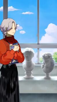 2girls :3 animated apron audible_speech black_skirt blue_period breasts closed_eyes earrings grey_hair highres japanese_audio jewelry looking_at_another looking_at_viewer mature_female medium_breasts multiple_girls non-web_source official_art parted_lips purple_eyes saeki_masako sculpture selfie short_hair simple_background skirt smile sound sweater teacher v video walking wide_hips window yamaguchi_tsubasa