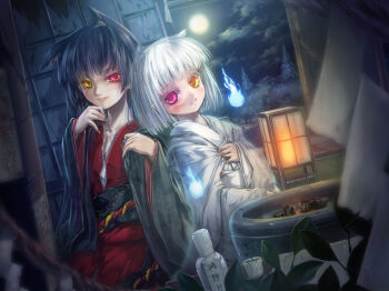 2girls animal_ears black_hair black_sky blue_fire blunt_bangs blush bob_cut cat_ears cat_girl cloud commentary_request cowboy_shot dutch_angle fire full_moon heterochromia hitodama indoors japanese_clothes kimono lantern long_hair long_sleeves looking_at_viewer misaki_(kyal_001) moon multiple_girls night original paper_lantern pink_eyes red_eyes red_kimono rope shide shimenawa short_hair shouji sitting sky sliding_doors tokkuri tree very_long_hair white_hair white_kimono wide_sleeves yellow_eyes