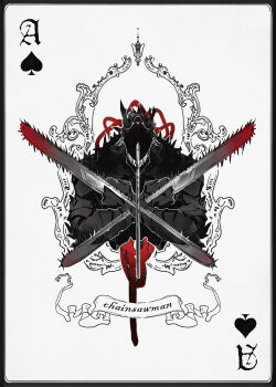 ace_(playing_card) ace_of_spades bad_id bad_twitter_id chainsaw chainsaw_devil chainsaw_man copyright_name dino_(dinoartforame) facing_viewer highres monochrome playing_card sharp_teeth simple_background solo spade_(shape) spikes spot_color teeth white_background x_arms
