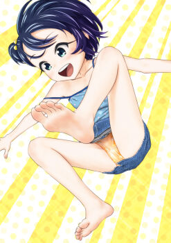 Rule 34 | 1girl, absurdres, bare legs, barefoot, blue eyes, blue hair, blue shirt, candy panties, candy print, collarbone, feet, food print, hair bobbles, hair ornament, highres, light blush, lollipop panties, lollipop print, macaron panties, macaron print, medium hair, nagomi (ogyadya), ogyadya, open mouth, orange panties, original, outstretched arms, paid reward available, panties, pantyshot, print panties, purple hair, shirt, short side ponytail, side ponytail, sleeveless, sleeveless shirt, smile, soles, spread arms, strap slip, teeth, thighs, toes, underwear, upper teeth only, yellow background