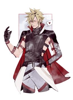 Rule 34 | 1boy, absurdres, adapted costume, armor, belt, black gloves, blonde hair, border, cape, closed eyes, cloud strife, cloud strife (equilibrium), cosplay, cowboy shot, cropped legs, final fantasy, final fantasy vii, final fantasy vii: ever crisis, gloves, grey background, grey pants, hair between eyes, hand on own hip, heart, highres, lightning farron, lightning farron (cosplay), male focus, official alternate costume, pants, popped collar, red cape, robasarel, short hair, shoulder armor, solo, spiked hair, spoken heart, white border