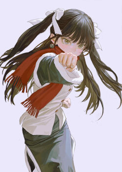 1girl brown_eyes brown_hair chinese_clothes commentary dress earrings eyeball_bracelet_girl_(fkey) fkey fur_trim green_dress highres jewelry original punching red_scarf ribbon scarf symbol-only_commentary two_side_up vest white_ribbon white_vest yin_yang yin_yang_earrings