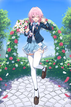 1girl absurdres alternate_costume black_jacket blue_bow blue_eyes blue_skirt bouquet bow brown_shoes chideno commentary_request earrings flower full_body gradient_bow hand_up highres holding holding_bouquet honkai:_star_rail honkai_(series) jacket jewelry loafers long_sleeves march_7th_(honkai:_star_rail) medium_hair miniskirt multicolored_eyes one_eye_closed open_hand open_mouth partial_commentary pink_bow pink_eyes pink_hair shirt shoes single_earring skirt smile solo thighhighs two-tone_eyes white_shirt white_thighhighs zettai_ryouiki