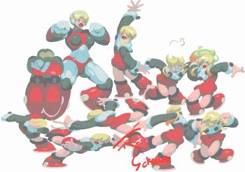 Rule 34 | 1girl, :d, aged up, android, antennae, arm behind back, arm up, armor, armored boots, arms up, bikini, bikini armor, blonde hair, blue background, blue eyes, blush, bodysuit, boots, breasts, clenched hands, commentary request, earphones, fighting, fighting stance, full body, gorget, green eyes, green ribbon, hair between eyes, hair ribbon, hairband, headphones, hyper roll (marvel vs. capcom), joints, jumping, kicking, knee boots, knee pads, large breasts, long hair, looking at viewer, marvel vs. capcom, mechanical arms, mechanical boots, mechanical legs, mega man (classic), mega man (series), open mouth, ponytail, punching, radio antenna, red armor, red bikini, red boots, ribbon, robot, robot girl, robot joints, roll (mega man), shoulder armor, sidelocks, signature, simple background, smile, solo, swimsuit, white background, zinguuzisaburou