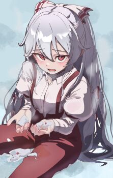 Rule 34 | 1girl, blush, bow, collared shirt, commentary request, delta delta, fujiwara no mokou, hair bow, hair ribbon, highres, long hair, long sleeves, looking at viewer, melting, pants, parted lips, red eyes, red pants, ribbon, shirt, sitting, snow, solo, steam, tearing up, touhou, white hair, white shirt