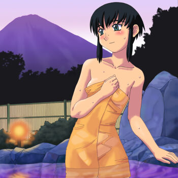 Rule 34 | 1990s (style), 1girl, azuma kiyohiko, bare arms, bare shoulders, black hair, blush, breasts, closed mouth, collarbone, fence, green eyes, hand on own chest, kumashiro sakuya, mountain, naked towel, onsen, outdoors, retro artstyle, rock, shin tenchi muyou!, short hair, sidelocks, small breasts, solo, tenchi muyou!, towel