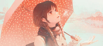 1girl absurdres background_request bag braid breath cold enip_o highres holding holding_umbrella jacket looking_up low_twin_braids necktie open_mouth original outdoors outstretched_hand reaching red_eyes red_hair red_scarf scarf shoulder_bag snow snowing solo striped_necktie twin_braids umbrella umbrella_over_shoulder winter winter_clothes