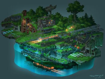 1boy 2026 6+others abandoned brown_hat brown_pants building commentary_request dilapidated escalator floor grass grey_background hat highres multiple_others original overgrown pants post-apocalypse railroad_tracks ruins signature tent tokyogenso traffic_light train tree water window