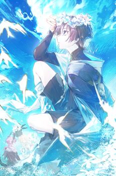 Rule 34 | 2boys, 3girls, aiiro, alternate headwear, armor, bird, black bodysuit, black bridal gauntlets, black coat, black hair, black horns, black shorts, black sleeves, black tail, blonde hair, blue flower, blue gem, blue hair, blue sky, blue trim, blunt ends, bodysuit, bridal gauntlets, bright pupils, cape, cloud, cloudy sky, coat, colored inner hair, commentary request, dragon boy, dragon horns, dragon tail, dress, durin (genshin impact), eyeliner, eyeshadow, facing another, feathers, fingernails, flower, flower wreath, from side, gem, genshin impact, gold, green eyes, green flower, hair flower, hair ornament, hakama, hakama shorts, hand up, highres, holding, holding wreath, horns, japanese armor, japanese clothes, kimono, knee up, kote, kurokote, leg warmers, long hair, long sleeves, looking at another, looking up, lumine (genshin impact), makeup, mandarin collar, multicolored hair, multiple boys, multiple girls, nahida (genshin impact), open hand, open mouth, orange flower, paimon (genshin impact), pleated shorts, pom pom (clothes), profile, purple cape, purple eyes, purple flower, purple hair, red eyeliner, red eyeshadow, scaramouche (genshin impact), scarf, short hair, short hair with long locks, short sleeves, shorts, side ponytail, sidelocks, sitting, sky, streaked hair, tail, tareme, wanderer (genshin impact), white dress, white flower, white hair, white kimono, white leg warmers, white pupils, white scarf, white sleeves, wispy bangs