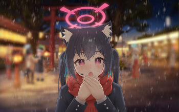 6+girls absurdres animal_ears black_hair black_jacket blue_archive blurry blurry_background cat_ears cat_girl chinese_commentary commentary_request dsfr halo hands_up highres jacket layered_sleeves long_hair looking_at_viewer multiple_girls open_mouth outdoors pink_eyes pink_halo red_scarf scarf serika_(blue_archive) shirt snowing twintails upper_body white_shirt