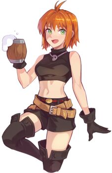 1girl alcohol antenna_hair arm_at_side artist_request bare_arms bare_shoulders beer belt belt_buckle belted_shorts black_boots black_gloves black_shirt black_shorts boots breasts brown_belt buckle crop_top cropped_legs cropped_shirt crossed_belts cup eyelashes gloves green_eyes hair_intakes holding holding_cup jewelry medium_breasts medium_hair midriff mila_nebraska narrow_waist necklace nexon official_art open_mouth orange_hair red_belt second-party_source shirt shorts skinny skull_necklace sleeveless sleeveless_shirt solo straight_hair tales_weaver tankard thigh_boots tight_clothes tight_shirt tongue turtleneck turtleneck_shirt