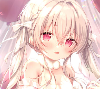 1girl :d amedamacon balloon bare_shoulders bow braid breasts brown_hair dengeki_moeoh hair_bow hair_intakes long_hair looking_at_viewer official_art open_mouth original small_breasts smile solo twintails upper_body white_bow