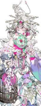 1girl absurdres baishui_zhi_yan blue_eyes chinese_clothes colored_eyelashes covered_mouth dress eyelashes eyeshadow fingernails gradient_hair hair_ornament hair_stick hand_fan hanfu highres holding holding_fan jade_bracelet long_hair long_sleeves looking_to_the_side makeup multicolored_hair nail_polish off-shoulder_dress off_shoulder original pink_eyeshadow pink_nails red_pupils sidelocks simple_background solo white_background white_eyelashes white_hair wide_sleeves