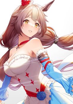 1girl akatsuki_(kuon) animal_ears bare_shoulders blue_flower blue_rose blue_skirt blue_sleeves blush breasts brown_hair choker cleavage collarbone commentary_request detached_sleeves ear_scrunchie flower hair_between_eyes hair_ornament horse_ears horse_girl large_breasts long_hair low_twintails multicolored_hair parted_lips pendant_choker red_choker red_scrunchie rose scrunchie shirt simple_background skirt smile solo strapless strapless_shirt twintails umamusume white_background white_shirt yamanin_zephyr_(fluttertail_spirit)_(umamusume) yamanin_zephyr_(umamusume)