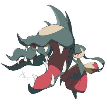 big_hair black_skin colored_skin commentary_request extra_mouth gen_3_pokemon highres living_hair looking_at_viewer mawile mega_mawile mega_pokemon multicolored_skin nintendo pokemon pokemon_(creature) red_eyes sharp_teeth supiraji_penpen teeth white_background yellow_skin