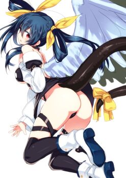1girl ass asymmetrical_wings bare_shoulders black_thighhighs blue_hair blush boots breasts choker detached_sleeves dizzy_(guilty_gear) female_focus guilty_gear guilty_gear_x guilty_gear_xx hair_ribbon hiraga_matsuri hirasato large_breasts long_hair open_mouth red_eyes ribbon simple_background solo tail tail_ornament tail_ribbon thighhighs twintails underboob white_background wings