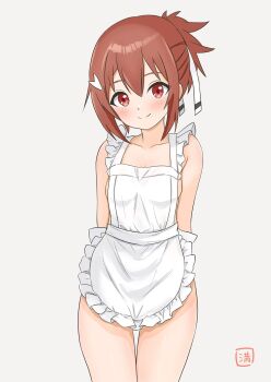 Rule 34 | 1girl, apron, arms behind back, artist logo, blush, breasts, closed mouth, commentary request, cowboy shot, frilled apron, frills, grey background, hair between eyes, hair ornament, hair ribbon, hairclip, highres, logo, looking at viewer, man12sikata-04, medium breasts, naked apron, ponytail, red eyes, red hair, ribbon, short ponytail, simple background, smile, solo, split mouth, standing, white apron, white ribbon, yuuki yuuna, yuuki yuuna wa yuusha de aru, yuusha de aru