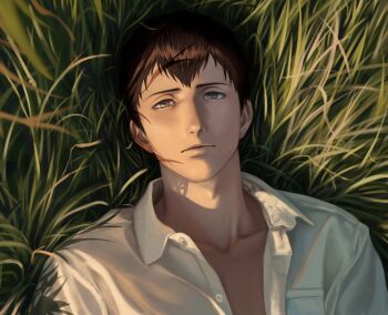 1boy aleve0420 bertolt_hoover blurry blurry_foreground brown_hair closed_mouth collarbone collared_shirt from_above grass grey_eyes highres looking_at_viewer lying male_focus on_back outdoors shingeki_no_kyojin shirt short_hair solo upper_body white_shirt