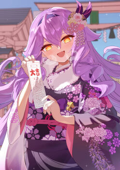Rule 34 | 1girl, :d, absurdres, black kimono, blue sky, breath, commentary request, day, eight (eight3rd1), fang, floral print, fur collar, hair between eyes, hairband, hand up, head tilt, highres, holding, honkai (series), honkai impact 3rd, japanese clothes, kimono, long hair, long sleeves, looking at viewer, obi, omikuji, open mouth, orange eyes, outdoors, print kimono, purple hair, purple hairband, sash, sirin, sky, smile, solo, very long hair, wide sleeves