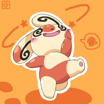 Rule 34 | @ @, blush, blush stickers, commentary request, dizzy, full body, gen 3 pokemon, horubi non, nintendo, no humans, open mouth, orange background, outline, pokemon, pokemon (creature), pokemon focus, smile, solo, speech bubble, spinda, spiral-only eyes, spoken squiggle, squiggle, standing, standing on one leg, star (symbol), white outline