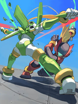2boys android armor blonde_hair commentary_request dual_wielding energy_sword fins forehead_jewel full_body green_armor green_eyes green_helmet head_fins helmet highres holding holding_sword holding_weapon long_hair mechanical_wings mega_man_(series) mega_man_zero_(series) multiple_boys omochi_(mochi_skymega) red_armor red_helmet sage_harpuia_(mega_man) sword weapon wings z_saber zero(z)_(mega_man) zero_(mega_man)