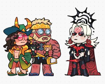 black_cape black_shorts blonde_facial_hair blonde_hair cape corruption dark_persona facial_hair glasses green_hat green_male_swimwear hat hela_(marvel) hela_(queen_in_black)_(marvel) high_heels loki_(marvel) looking_at_another male_swimwear marvel marvel_rivals non-web_source official_alternate_costume possessed possession sandals shorts stuffed_toy sunglasses symbiote thor_(marvel) white_hair