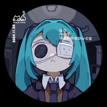 1girl :&lt; absurdres black_eyes black_jacket blue_hair blue_necktie closed_mouth collared_shirt dated hatsune_miku highres jacket lapels long_hair looking_at_viewer monitoring_(vocaloid) necktie nikamoka notched_lapels pov_peephole shirt sidelocks solo twintails very_long_hair vocaloid white_shirt
