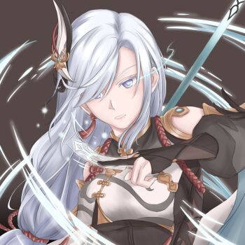 1girl bare_shoulders between_fingers black_bodysuit black_gloves black_sleeves bodysuit breasts brown_background chinese_clothes commentary detached_sleeves earrings empty_eyes english_commentary from_side genshin_impact gloves glowing glowing_eyes gold_trim grey_hair hair_over_one_eye hair_ribbon hand_up headpiece highres holding holding_ofuda jewelry lips long_hair long_sleeves low-tied_long_hair magic mandarin_collar medium_breasts ofuda partially_fingerless_gloves puffy_detached_sleeves puffy_long_sleeves puffy_sleeves purple_eyes red_ribbon ribbon rope shenhe_(genshin_impact) simple_background single_earring solo sparkle tassel tassel_earrings teeth upper_body vest white_vest yurenn