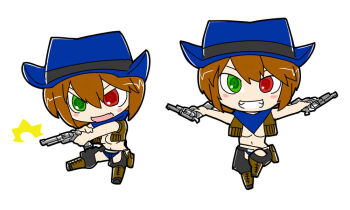 Rule 34 | 1girl, alternate breast size (larger), alternate costume, bandana, belt, black pants, blue bandana, blue hat, blue panties, boots, breasts, brown boots, chibi, chibi only, commentary request, cowboy western, cowgirl (western), crotchless, crotchless pants, dual wielding, fringe trim, gun, handgun, hat, holding, holding gun, holding weapon, itini-sanshi, large breasts, multiple views, navel, panties, pants, revolver, rozen maiden, short hair, simple background, souseiseki, underwear, weapon